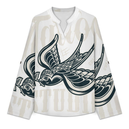 Stand-up Collar Long-sleeved Shirt Birds, Flowers, Transmission  Customization Women’s V-Neck Blouses,long Sleeve,Roll-Up Sleeve Shirt