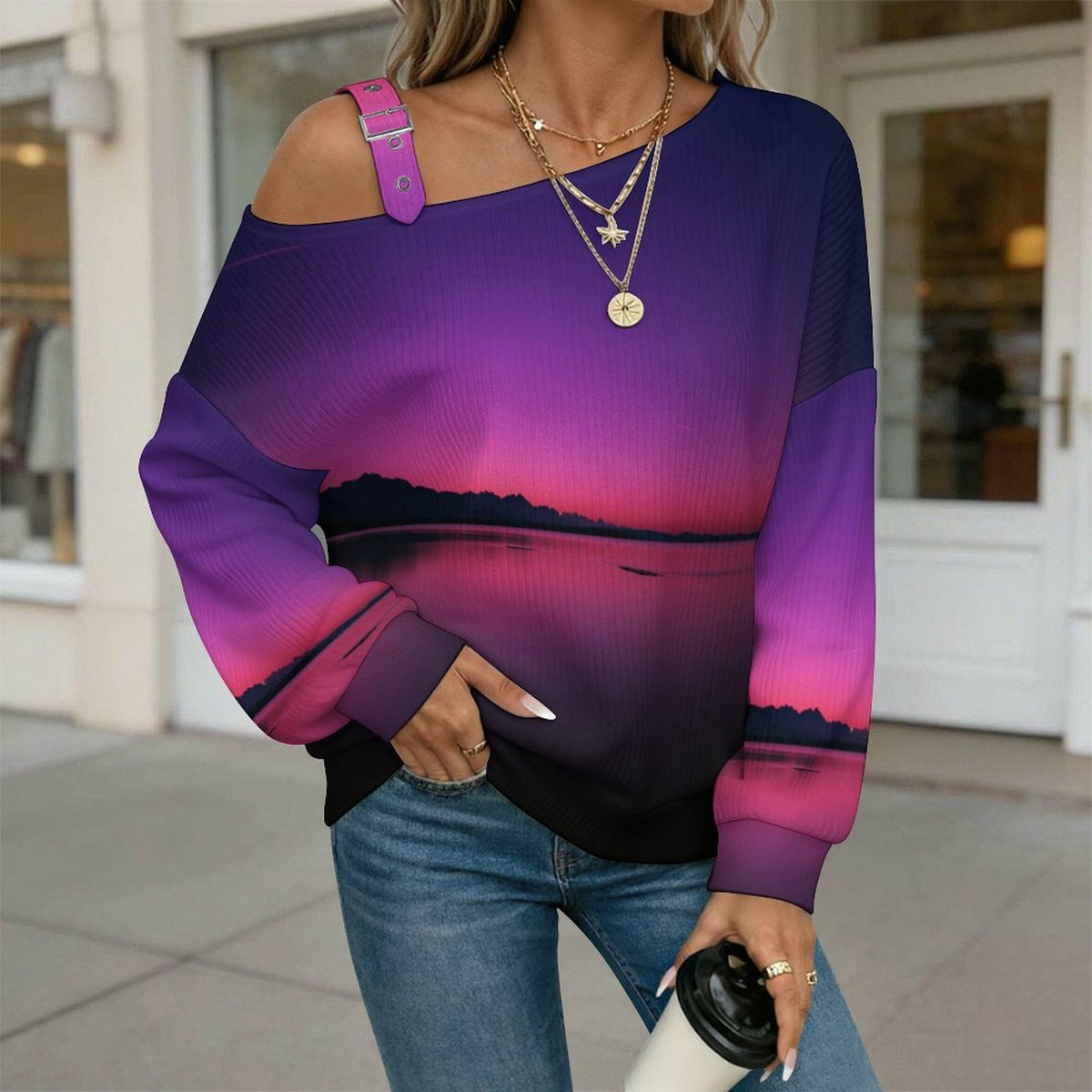 Off-the-shoulder Sweater Quiet Purple Glow  Asymmetric Cold Shoulder Knit Sweater for Women, Adjustable Buckle Strap Long Sleeve Casual Slouchy Pullover