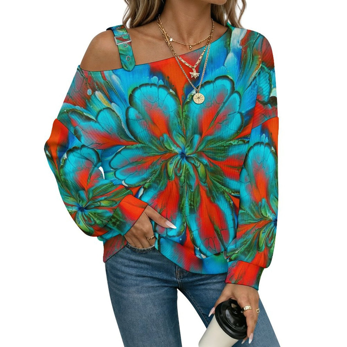 Off-the-shoulder Sweater Floral Pattern  Asymmetric Cold Shoulder Knit Sweater for Women, Adjustable Buckle Strap Long Sleeve Casual Slouchy Pullover