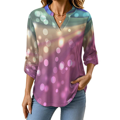 Stand-up Collar Long-sleeved Shirt Color, Dazzling Starlight  Customization Women’s V-Neck Blouses,long Sleeve,Roll-Up Sleeve Shirt