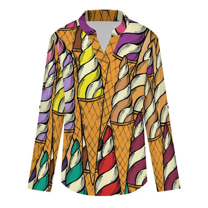Stand-up Collar Long-sleeved Shirt Colorful Ice Cream Pattern  Customization Women’s V-Neck Blouses,long Sleeve,Roll-Up Sleeve Shirt