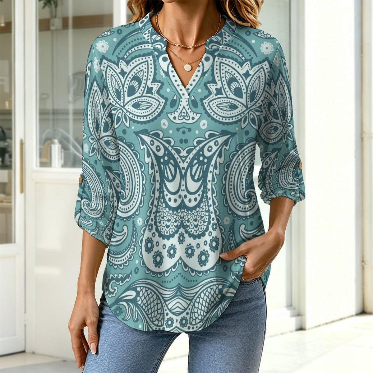 Stand-up Collar Long-sleeved Shirt Paisley  Customization Women’s V-Neck Blouses,long Sleeve,Roll-Up Sleeve Shirt