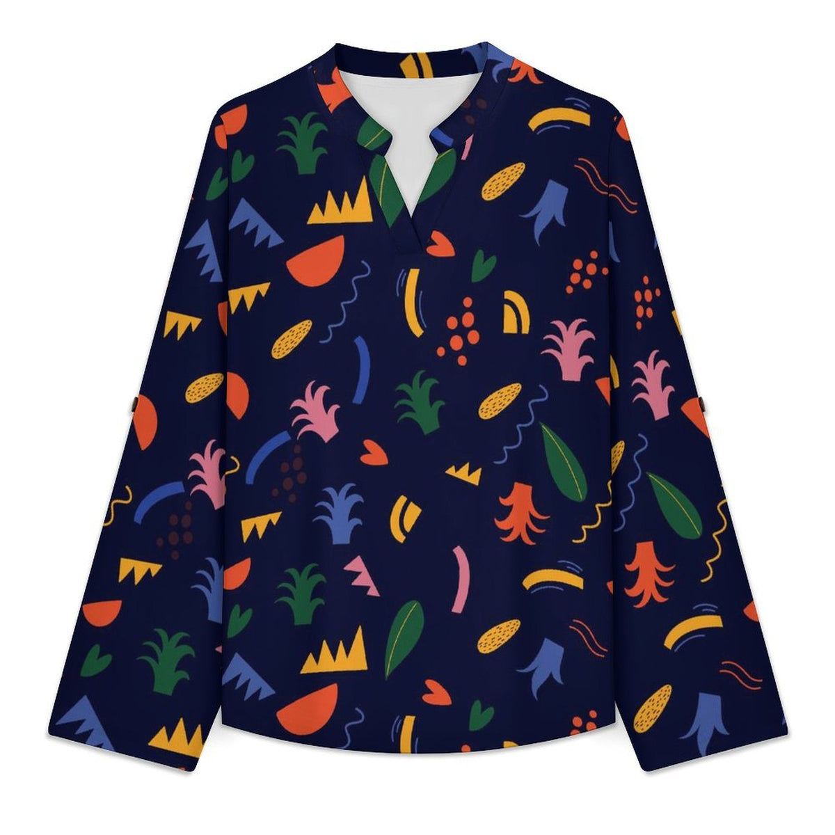 Stand-up Collar Long-sleeved Shirt Mexico Pattern  Customization Women’s V-Neck Blouses,long Sleeve,Roll-Up Sleeve Shirt