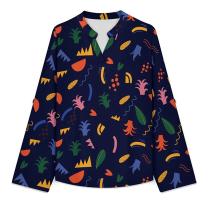 Stand-up Collar Long-sleeved Shirt Mexico Pattern  Customization Women’s V-Neck Blouses,long Sleeve,Roll-Up Sleeve Shirt