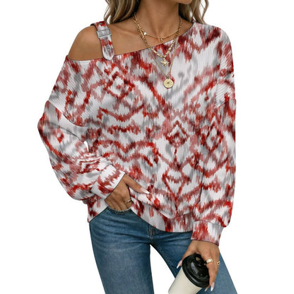 Off-the-shoulder Sweater European Retro Pattern  Asymmetric Cold Shoulder Knit Sweater for Women, Adjustable Buckle Strap Long Sleeve Casual Slouchy Pullover