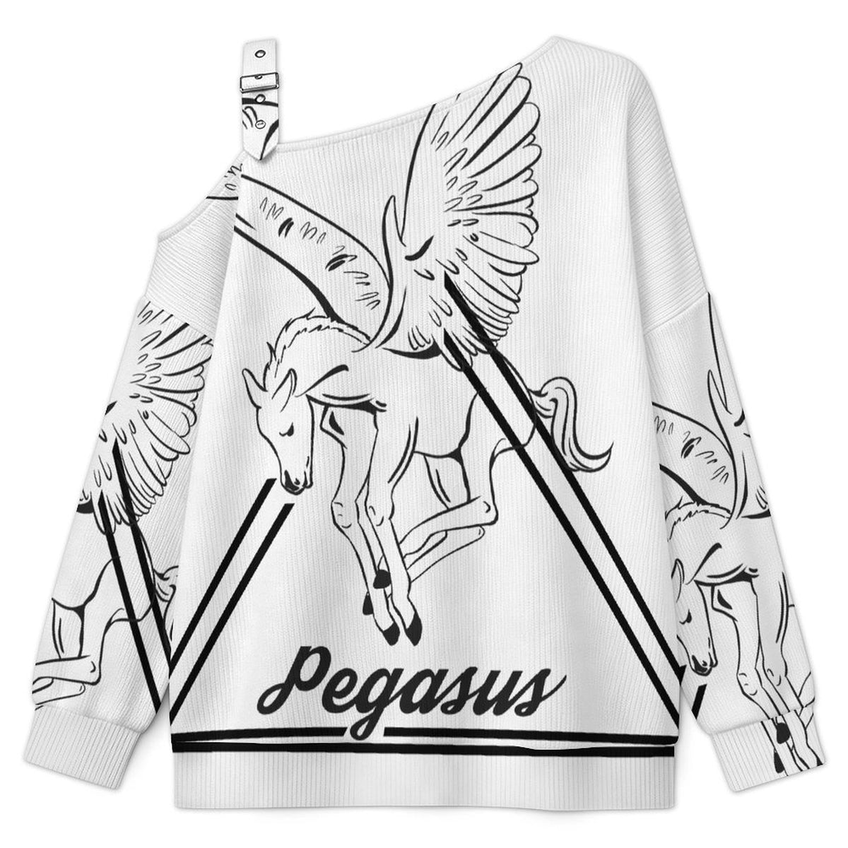 Off-the-shoulder Sweater Pegasus-Line-Triangle-Simple-Black  Asymmetric Cold Shoulder Knit Sweater for Women, Adjustable Buckle Strap Long Sleeve Casual Slouchy Pullover