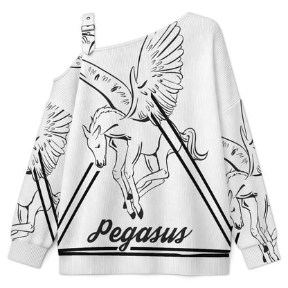 Off-the-shoulder Sweater Pegasus-Line-Triangle-Simple-Black  Asymmetric Cold Shoulder Knit Sweater for Women, Adjustable Buckle Strap Long Sleeve Casual Slouchy Pullover