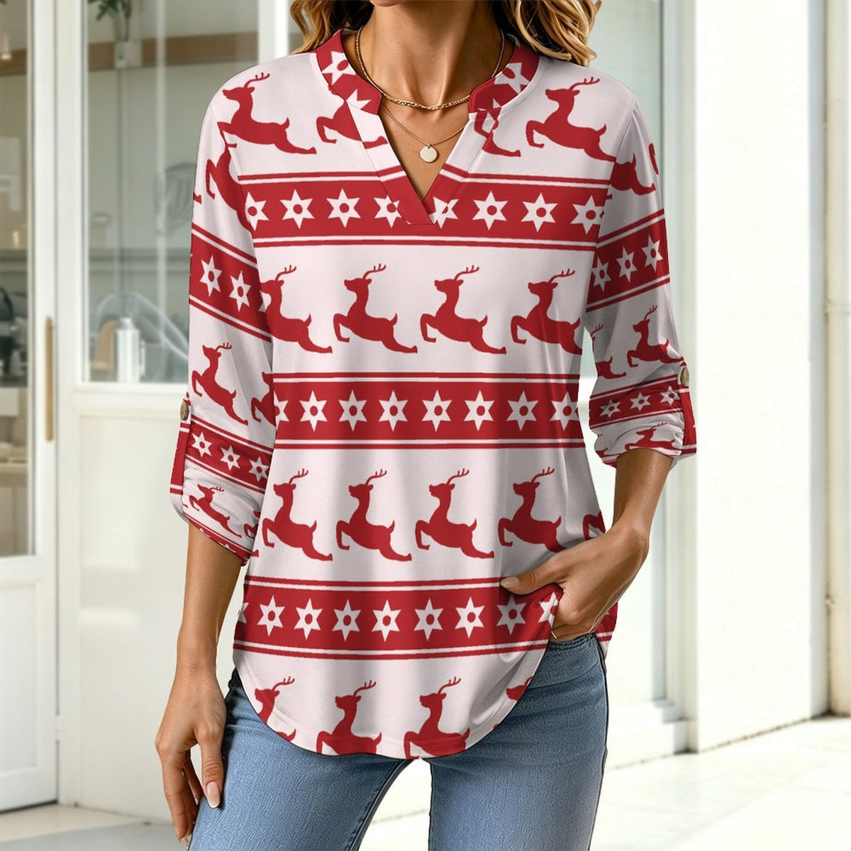 Christmas Reindeer Repeat Pattern  Versatile Notched V-Neck Tunic | Roll Tab 3/4 Sleeve Office Casual Top