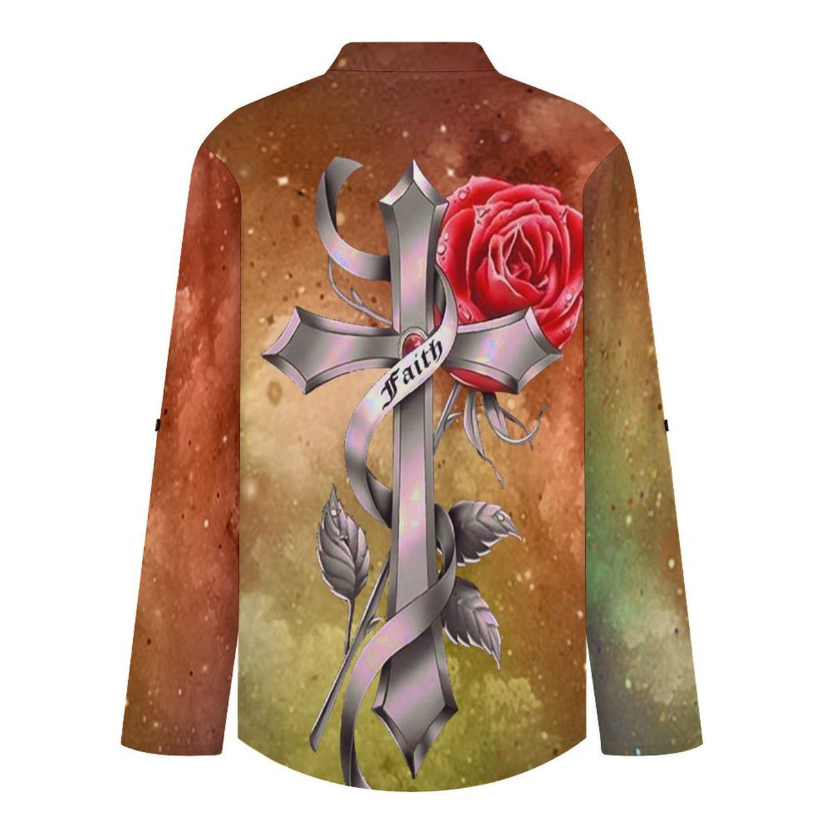 Stand-up Collar Long-sleeved Shirt Cross Rose Faith  Customization Women’s V-Neck Blouses,long Sleeve,Roll-Up Sleeve Shirt