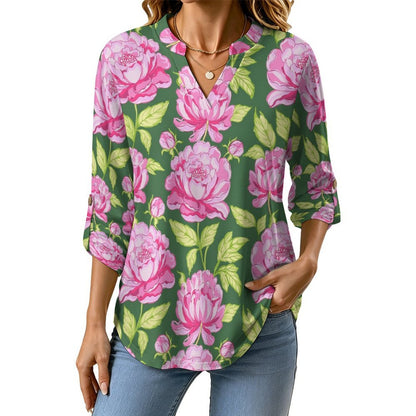 Stand-up Collar Long-sleeved Shirt Pink, Peony, Pink Green