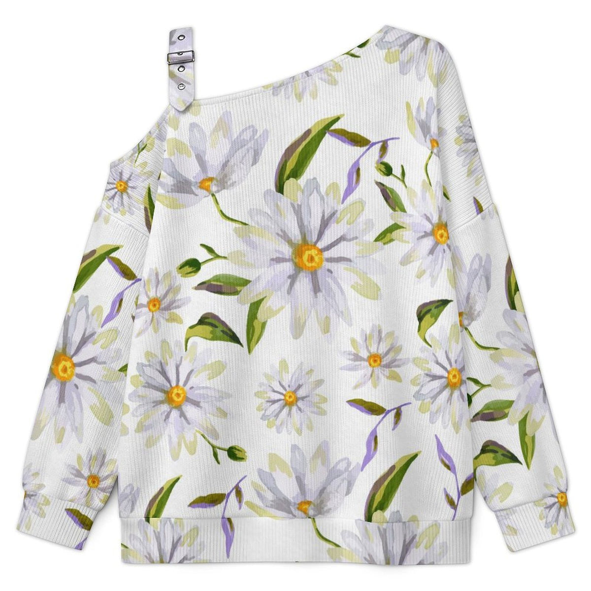 Off-the-shoulder Sweater Elegant Purple Flowers, Pattern Design  Asymmetric Cold Shoulder Knit Sweater for Women, Adjustable Buckle Strap Long Sleeve Casual Slouchy Pullover