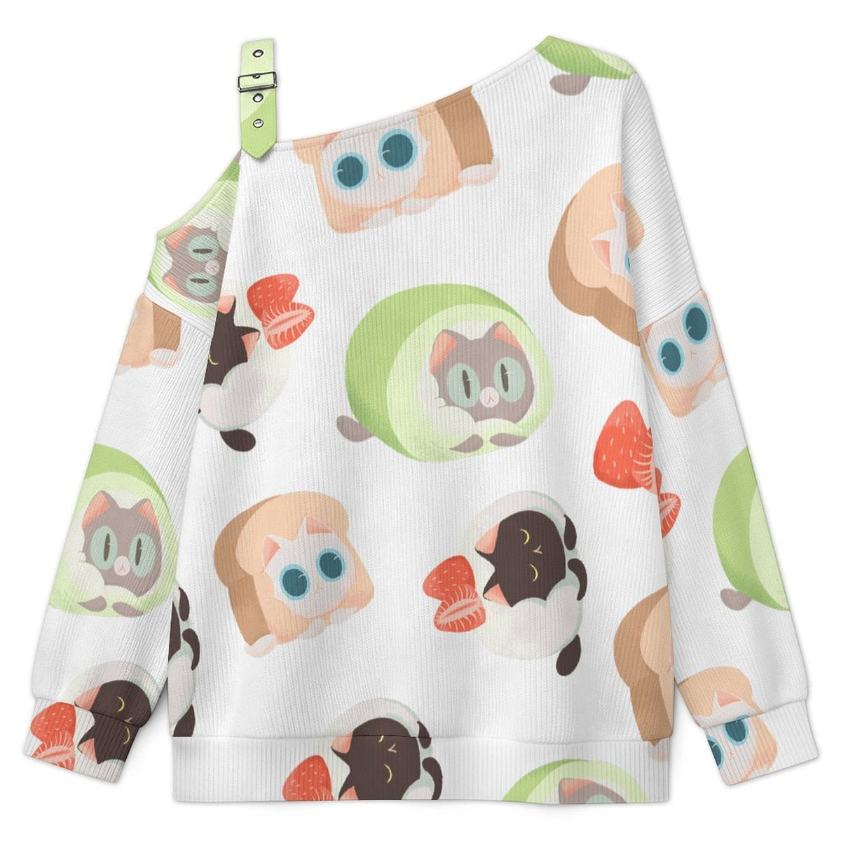 Off-the-shoulder Sweater Tile Pattern-cat-dessert-cute-cartoon-pink-green-black  Asymmetric Cold Shoulder Knit Sweater for Women, Adjustable Buckle Strap Long Sleeve Casual Slouchy Pullover
