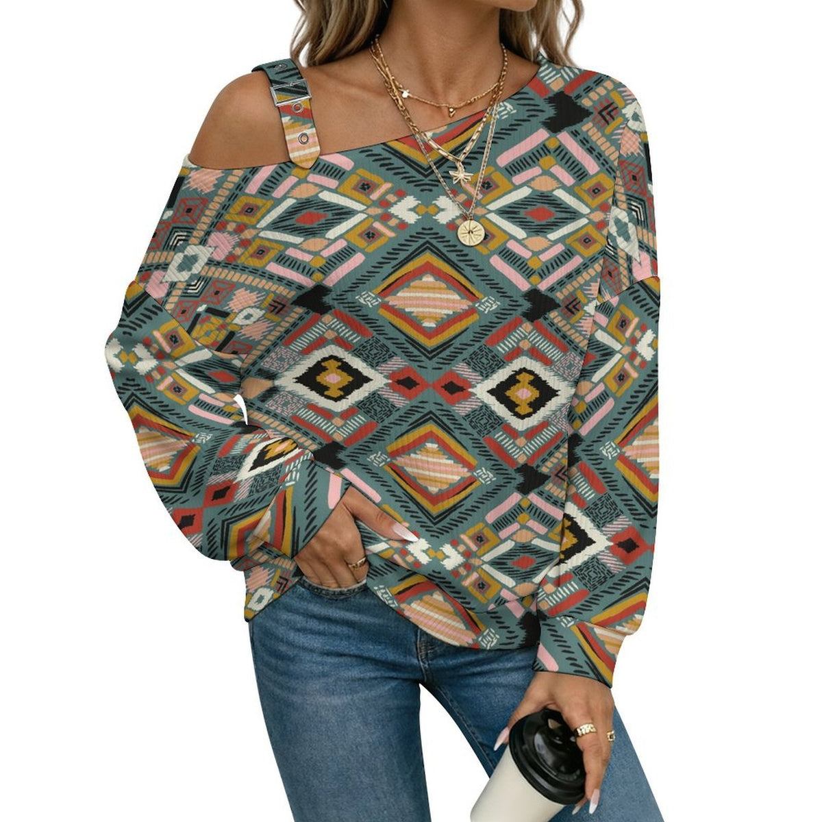 Off-the-shoulder Sweater Lingge European Retro Pattern  Asymmetric Cold Shoulder Knit Sweater for Women, Adjustable Buckle Strap Long Sleeve Casual Slouchy Pullover