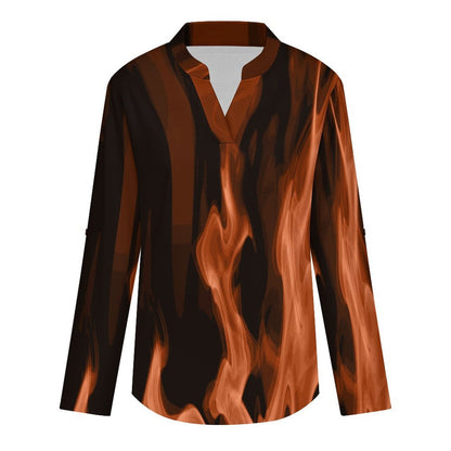 Stand-up Collar Long-sleeved Shirt Red Flame, Burning  Customization Women’s V-Neck Blouses,long Sleeve,Roll-Up Sleeve Shirt