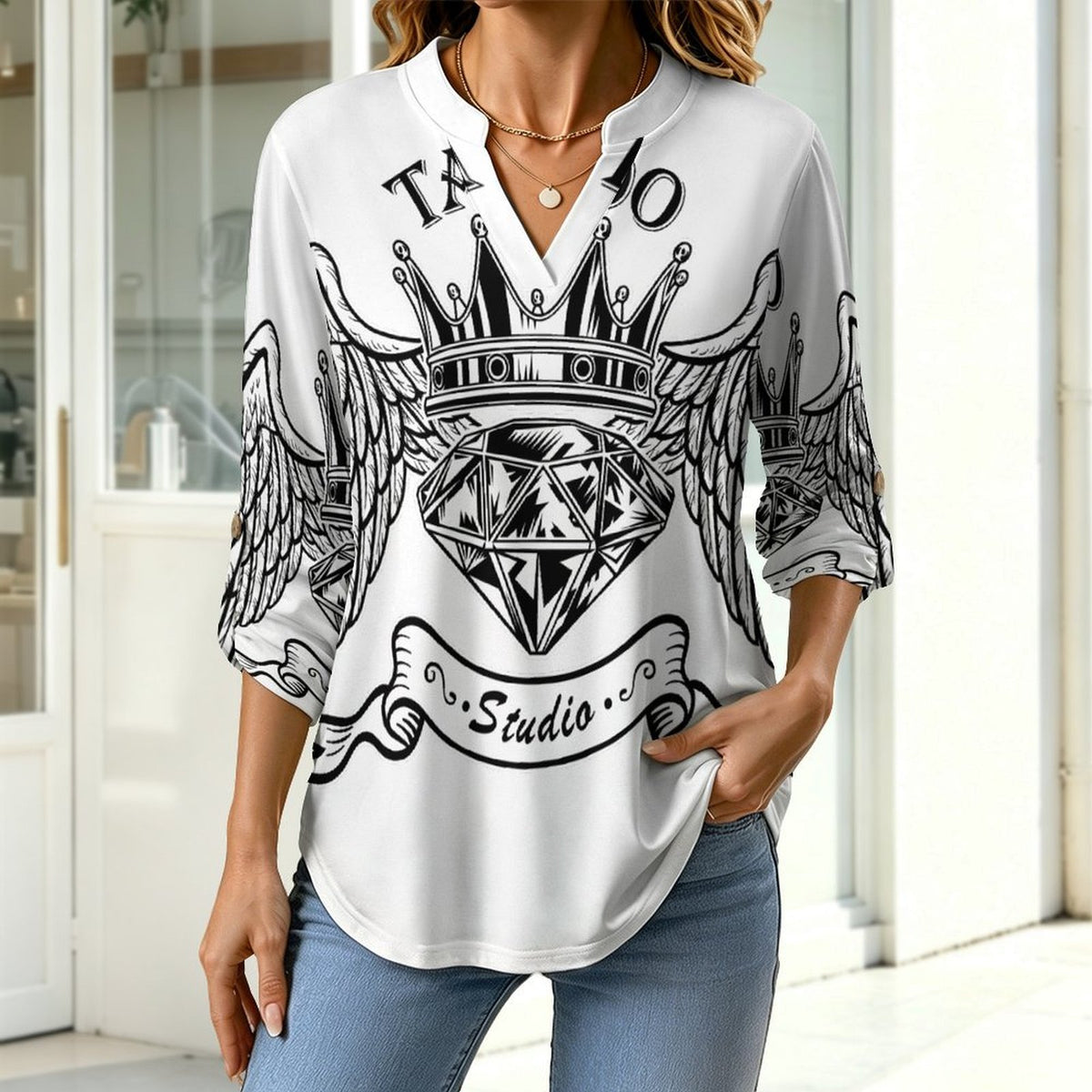 Stand-up Collar Long-sleeved Shirt Diamonds, Wings  Customization Women’s V-Neck Blouses,long Sleeve,Roll-Up Sleeve Shirt