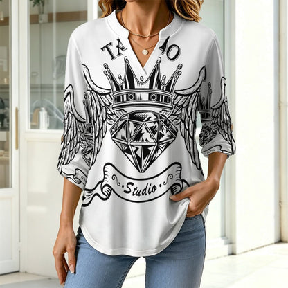 Stand-up Collar Long-sleeved Shirt Diamonds, Wings  Customization Women’s V-Neck Blouses,long Sleeve,Roll-Up Sleeve Shirt