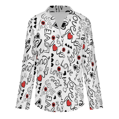 Stand-up Collar Long-sleeved Shirt Love  Customization Women’s V-Neck Blouses,long Sleeve,Roll-Up Sleeve Shirt