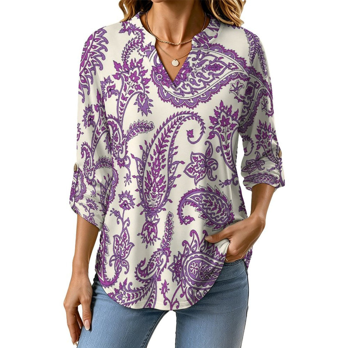 Stand-up Collar Long-sleeved Shirt Paisley  Customization Women’s V-Neck Blouses,long Sleeve,Roll-Up Sleeve Shirt