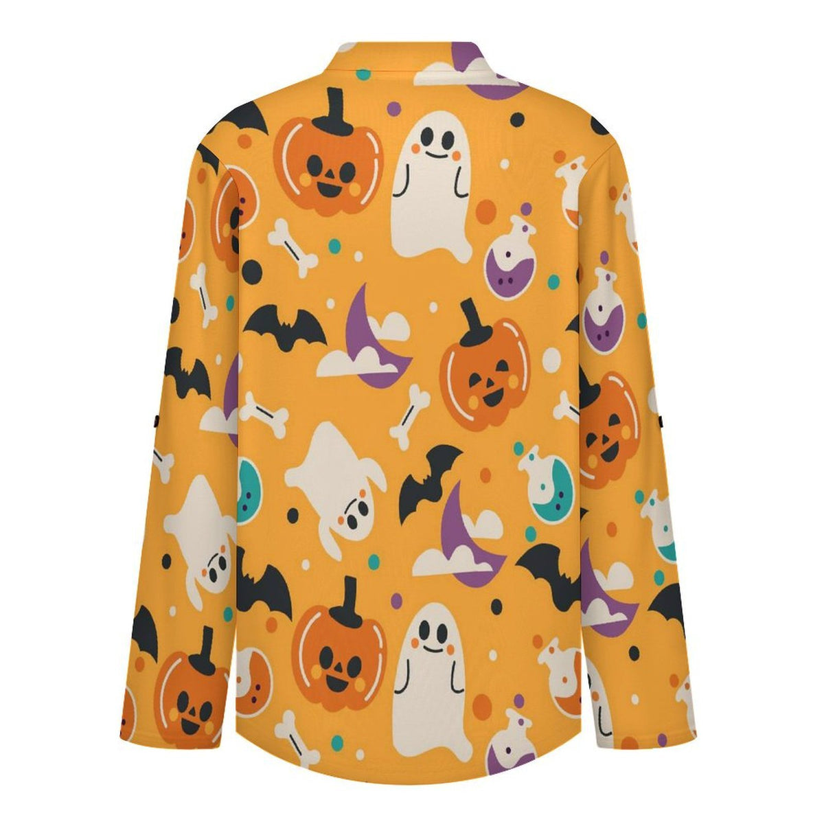 Stand-up Collar Long-sleeved Shirt Yellow, Halloween, Ghost  Customization Women’s V-Neck Blouses,long Sleeve,Roll-Up Sleeve Shirt