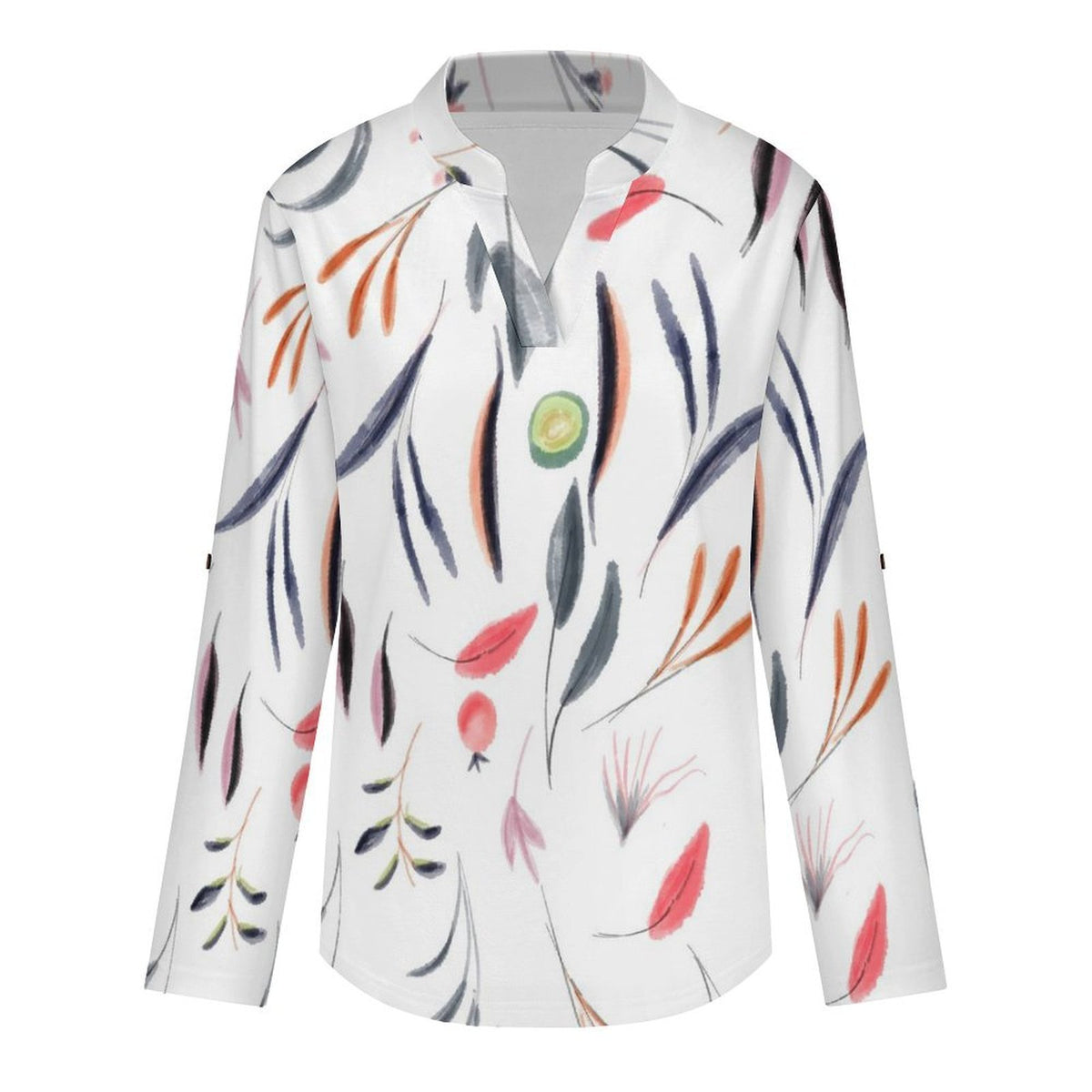 Stand-up Collar Long-sleeved Shirt Plants, Leaves  Customization Women’s V-Neck Blouses,long Sleeve,Roll-Up Sleeve Shirt