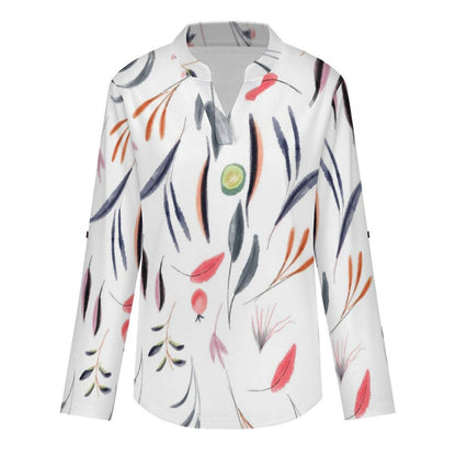 Stand-up Collar Long-sleeved Shirt Plants, Leaves  Customization Women’s V-Neck Blouses,long Sleeve,Roll-Up Sleeve Shirt