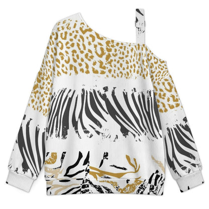 Off-the-shoulder Sweater Striped, Leopard  Asymmetric Cold Shoulder Knit Sweater for Women, Adjustable Buckle Strap Long Sleeve Casual Slouchy Pullover