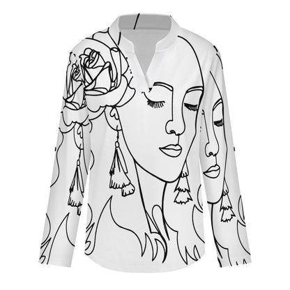 Stand-up Collar Long-sleeved Shirt Line, Female  Customization Women’s V-Neck Blouses,long Sleeve,Roll-Up Sleeve Shirt