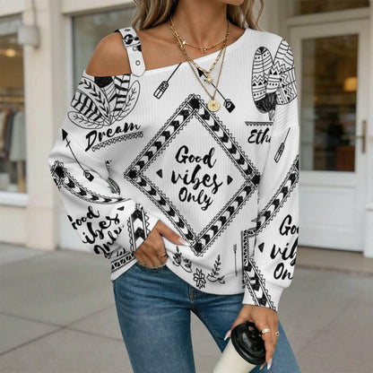 Off-the-shoulder Sweater Boho Style  Asymmetric Cold Shoulder Knit Sweater for Women, Adjustable Buckle Strap Long Sleeve Casual Slouchy Pullover