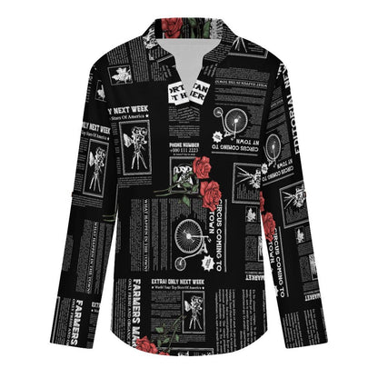 Versatile Notched V-Neck Tunic  Roll Tab 3/4 Sleeve Office Casual Top  Newspaper  Red Rose Black