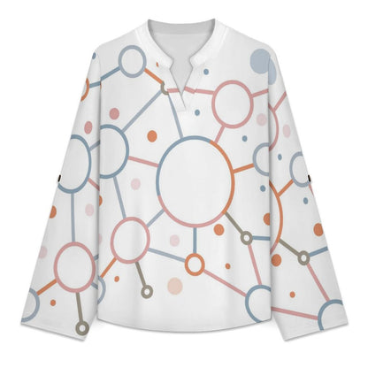 Women's Notched V Neck Tunic Tops, Roll Up 3/4 Sleeve Button Cuff Casual Blouse, Hem Loose Work Shirts  Web Colored Circle