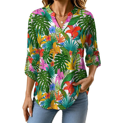 Women's Notched V Neck Tunic Tops, Roll Up 3/4 Sleeve Button Cuff Casual Blouse, Hem Loose Work Shirts Colorful Flowers And Green Leaves