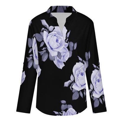Stand-up Collar Long-sleeved Shirt Rose Repeat Tablecloth Curtain  Customization Women’s V-Neck Blouses,long Sleeve,Roll-Up Sleeve Shirt