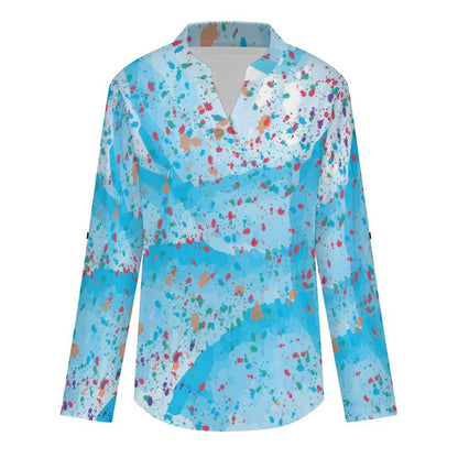 Stand-up Collar Long-sleeved Shirt Watercolor  Color Dot Bull  Customization Women’s V-Neck Blouses,long Sleeve,Roll-Up Sleeve Shirt