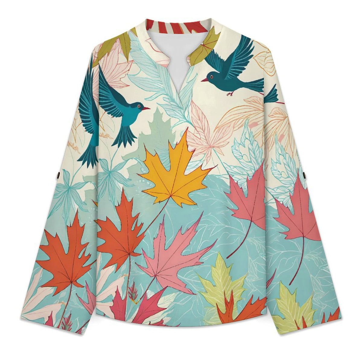 Stand-up Collar Long-sleeved Shirt Plant Bird Maple Leaves  Women’s V-Neck Blouses