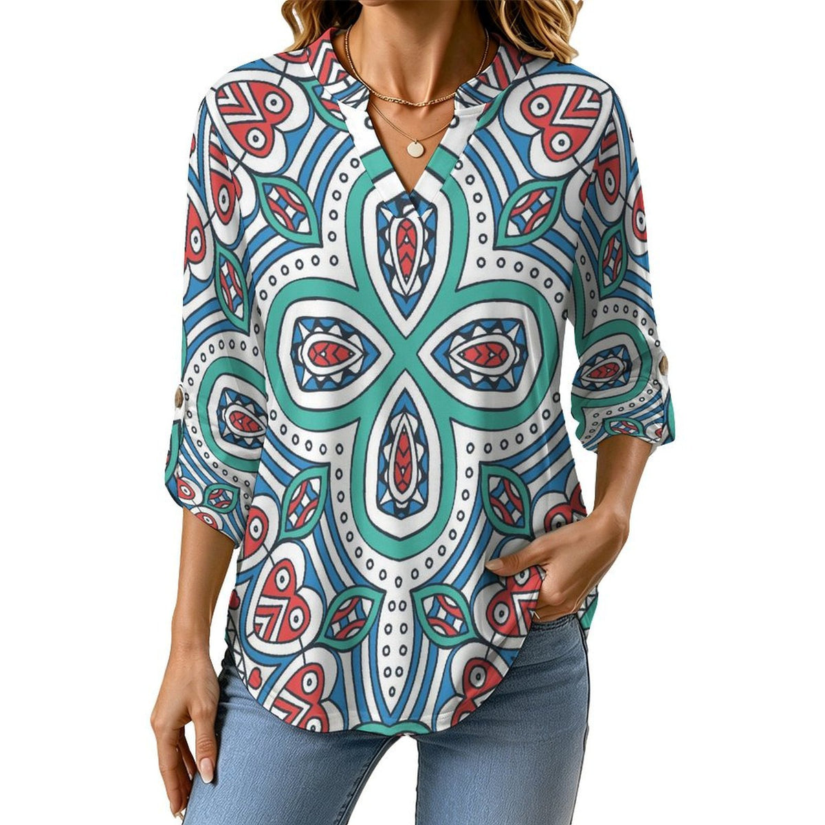 Stand-up Collar Long-sleeved Shirt Chinese Style Repeating Pattern  Customization Women’s V-Neck Blouses,long Sleeve,Roll-Up Sleeve Shirt