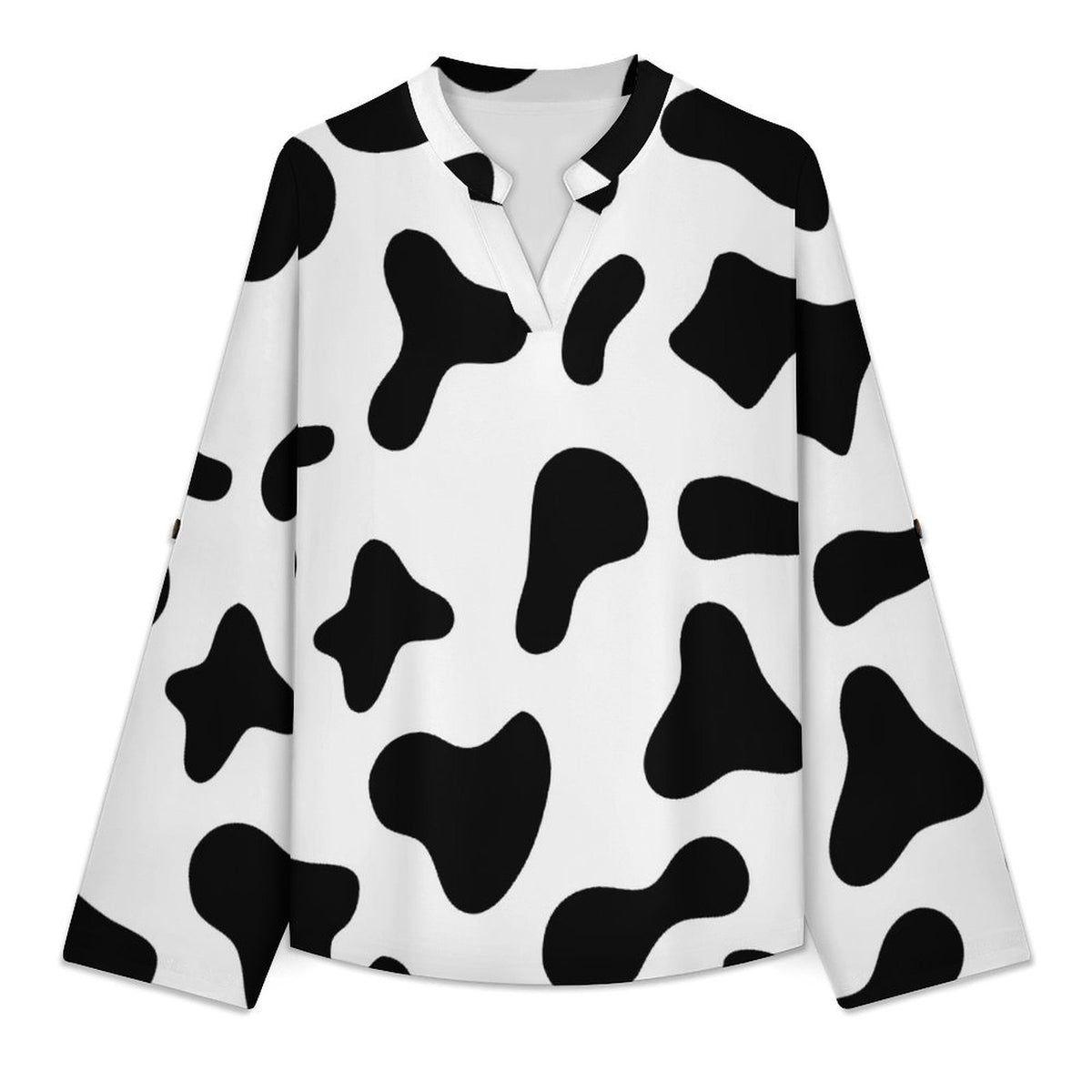 Stand-up Collar Long-sleeved Shirt Cow, Black And White  Women’s V-Neck Blouses