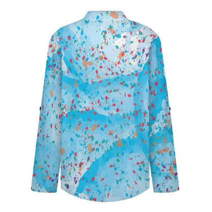 Women's Notched V Neck Tunic Tops, Roll Up 3/4 Sleeve Button Cuff Casual Blouse, Hem Loose Work Shirts  Watercolor  Color Dot Bull