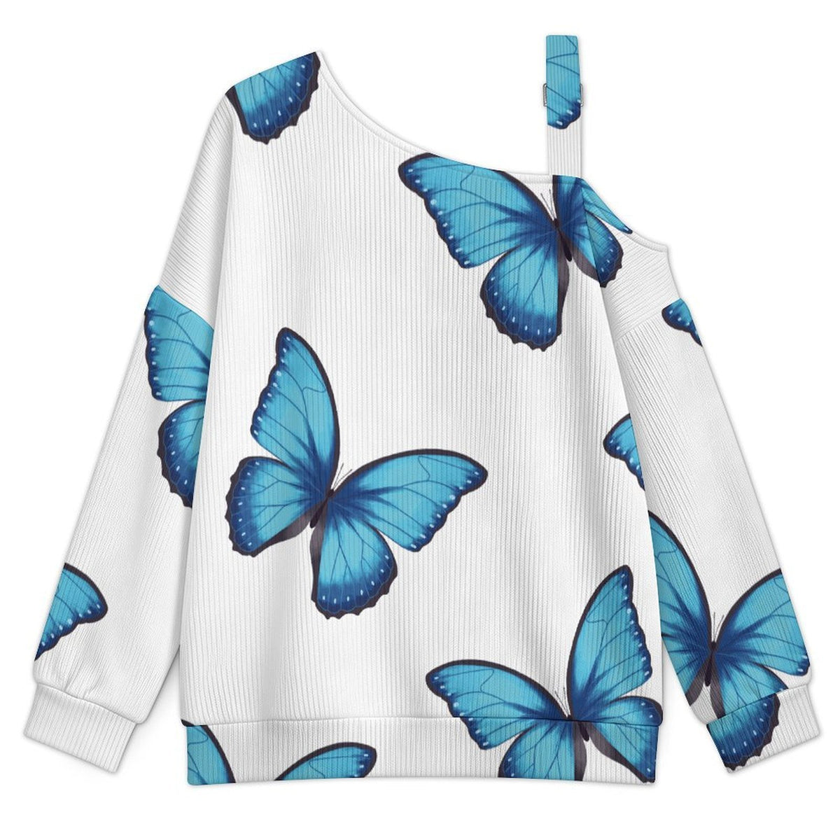 Off-the-shoulder Sweater Blue Morpho Butterfly Tile Decorative Pattern  Asymmetric Cold Shoulder Knit Sweater for Women, Adjustable Buckle Strap Long Sleeve Casual Slouchy Pullover