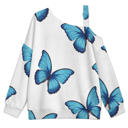 Off-the-shoulder Sweater Blue Morpho Butterfly Tile Decorative Pattern  Asymmetric Cold Shoulder Knit Sweater for Women, Adjustable Buckle Strap Long Sleeve Casual Slouchy Pullover