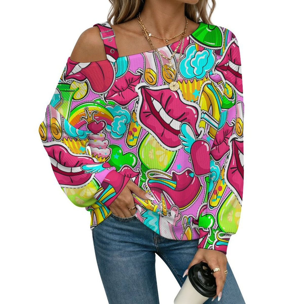 Fall Casual Asymmetric Shoulder Knit Top with Buckle Detail Color, Lips, Horse, Pop