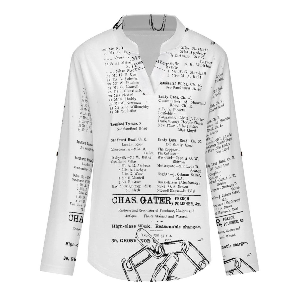 Stand-up Collar Long-sleeved Shirt Newspaper Vintage Dress white S Women’s V-Neck Blouses