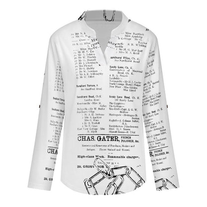 Stand-up Collar Long-sleeved Shirt Newspaper Vintage Dress white S Women’s V-Neck Blouses
