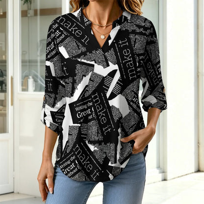 Stand-up Collar Long-sleeved Shirt Newspaper Vintage Dress white S Women’s V-Neck Blouses