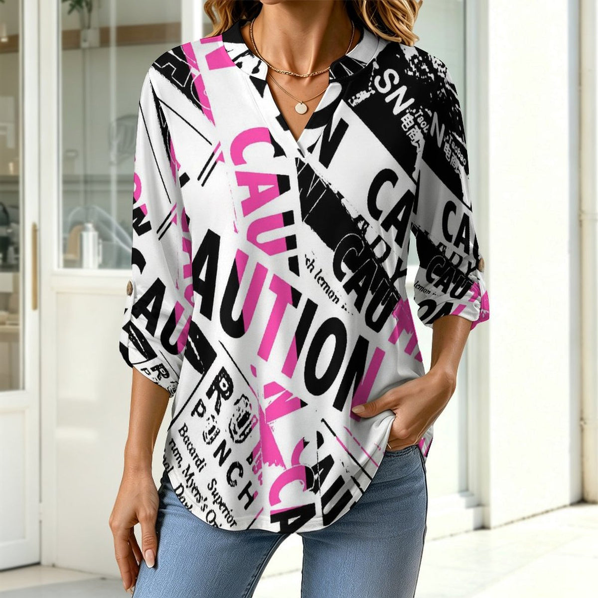 Stand-up Collar Long-sleeved Shirt Vintage Newspaper  Customization Women’s V-Neck Blouses,long Sleeve,Roll-Up Sleeve Shirt