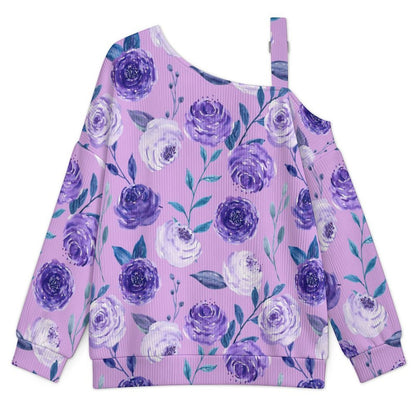 Women’s Off-Shoulder Knit Sweater Purple Flowers