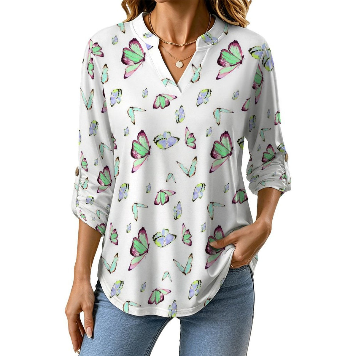 Versatile Notched V-Neck Tunic  Roll Tab 3/4 Sleeve Office Casual Top  Butterfly T-shirt Dress