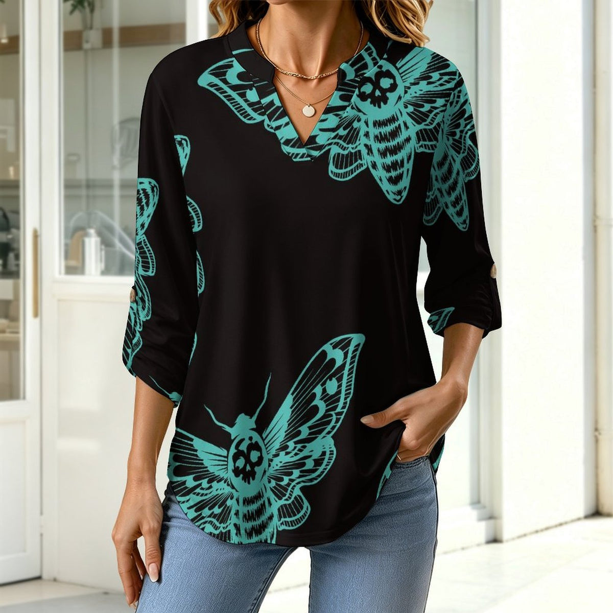 Stand-up Collar Long-sleeved Shirt Moth - Black - Green - Repeat Pattern - Women's Dress - Hip Wrap Skirt  Customization Women’s V-Neck Blouses,long Sleeve,Roll-Up Sleeve Shirt