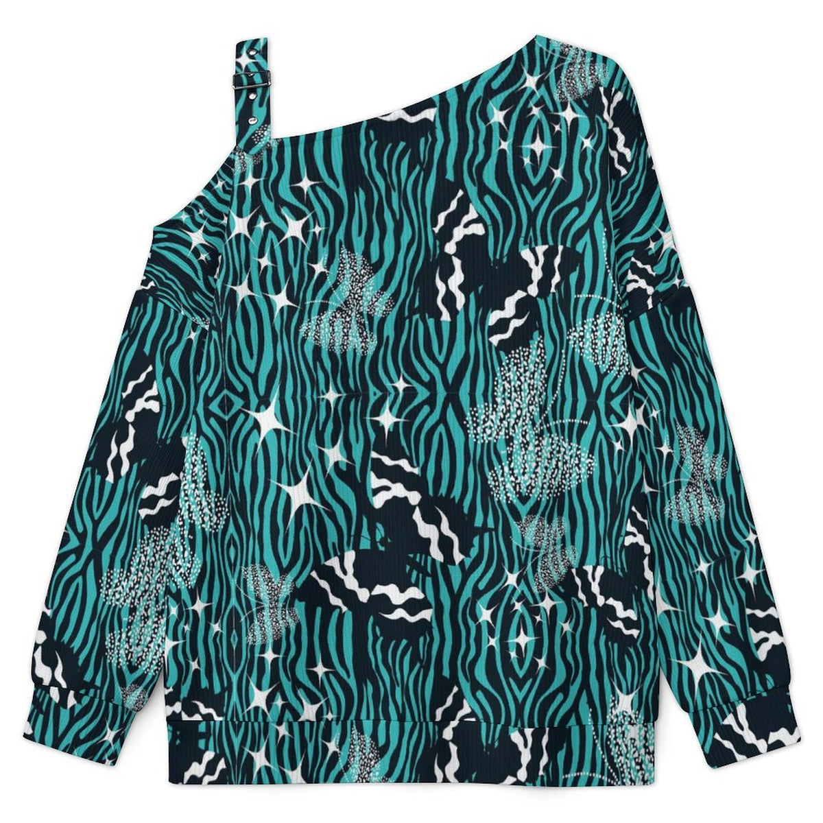 Off-the-shoulder Sweater Butterfly Pattern  Asymmetric Cold Shoulder Knit Sweater for Women, Adjustable Buckle Strap Long Sleeve Casual Slouchy Pullover