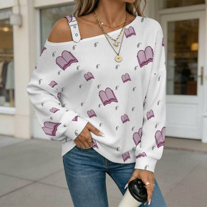 Buckle Strap Asymmetrical Off Shoulder Knit Sweater Books Background