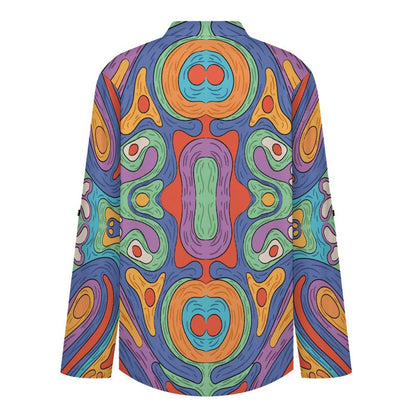 Women's Notched V Neck Tunic Tops, Roll Up 3/4 Sleeve Button Cuff Casual Blouse, Hem Loose Work Shirts Repetitive Pattern